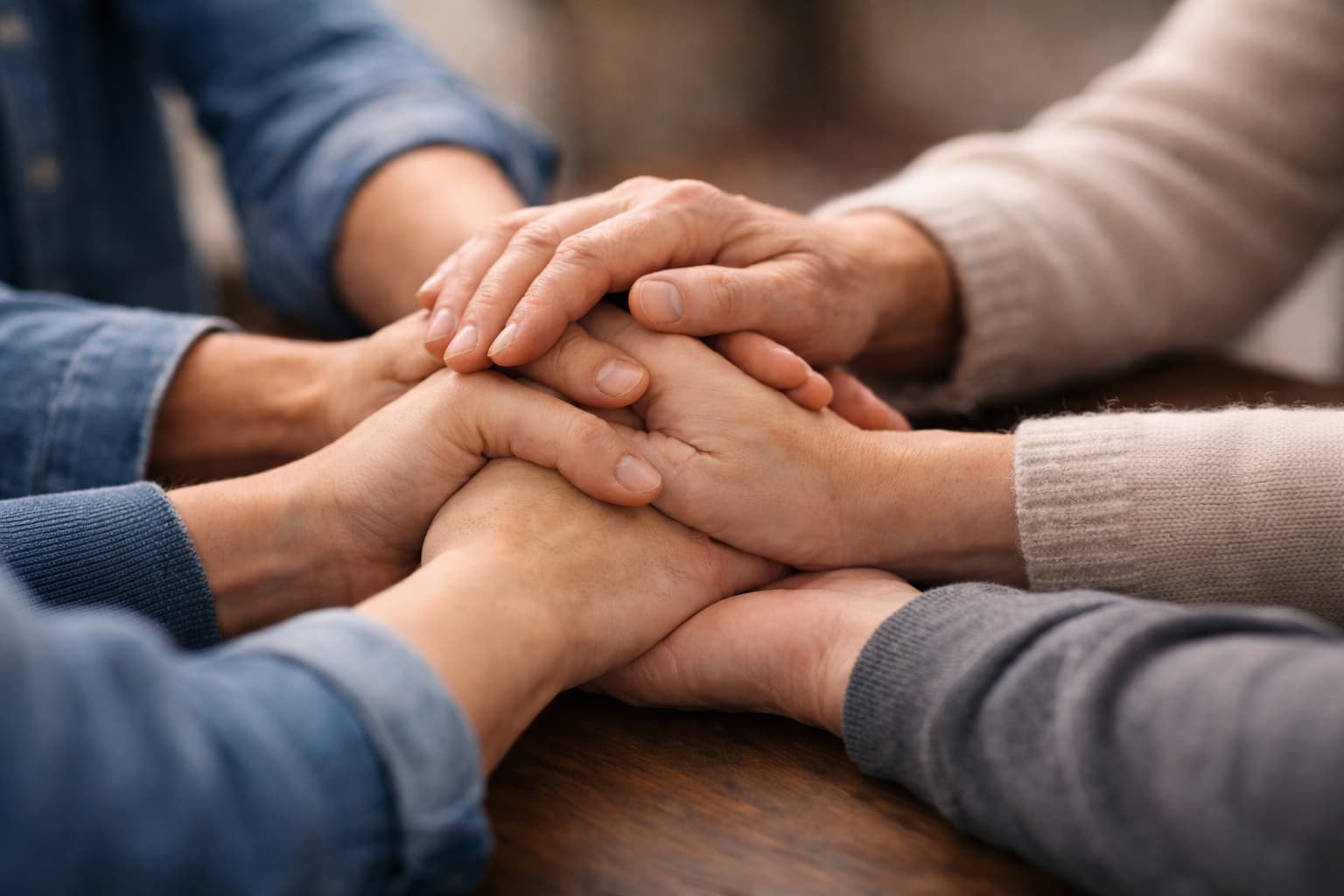 Hands united in support during a family intervention for addiction.