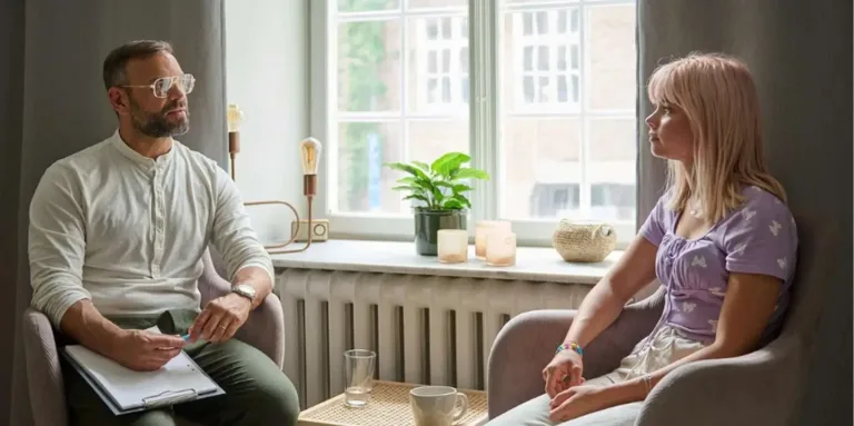 a therapist and patient conducting a session at beroendekliniken