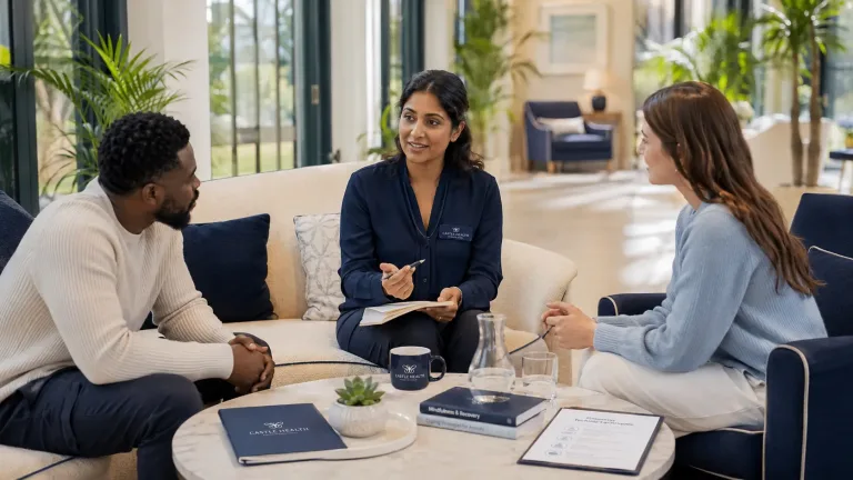 a therapist treating her patients who have anxiety with addictions