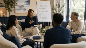 a therapist conducting dialectical behavioural therapy with her patients