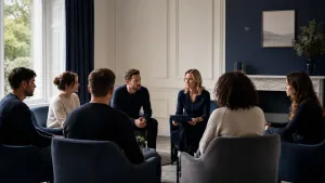 a therapist conducting a group therapy session with her patients