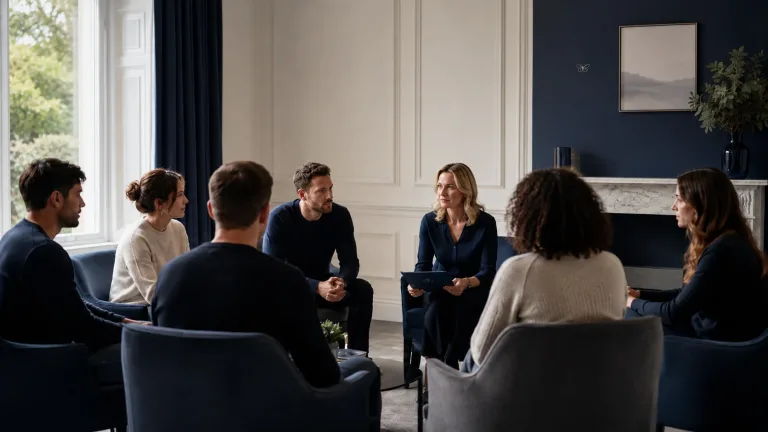 a therapist conducting a group therapy session with her patients