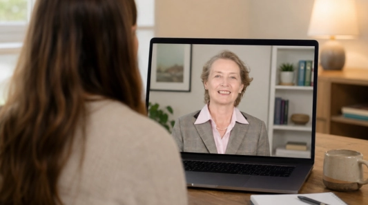 Margaret McCann conducting teletherapy with a patient