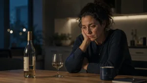 a woman suffering with alcohol addiction staring at her glass of wine
