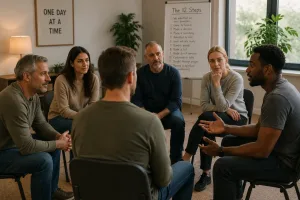 A supportive group therapy session showing 12 step addiction treatment in a calm, welcoming recovery setting.