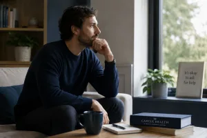 A man sits quietly by a window with a recovery book nearby, for a page about Therapy for mental health and dual diagnosis support.