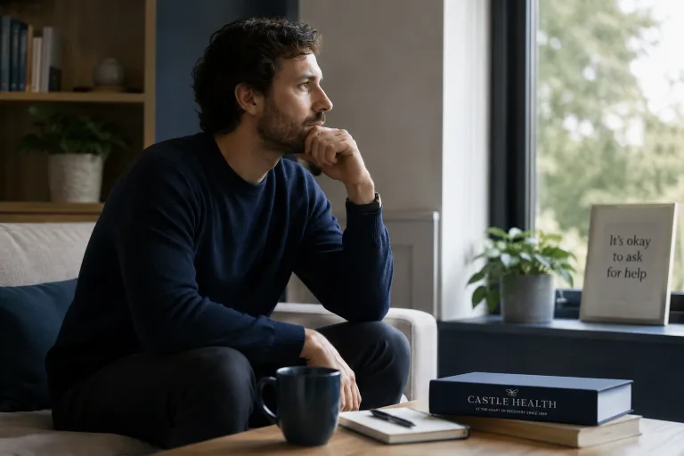 A man sits quietly by a window with a recovery book nearby, for a page about Therapy for mental health and dual diagnosis support.
