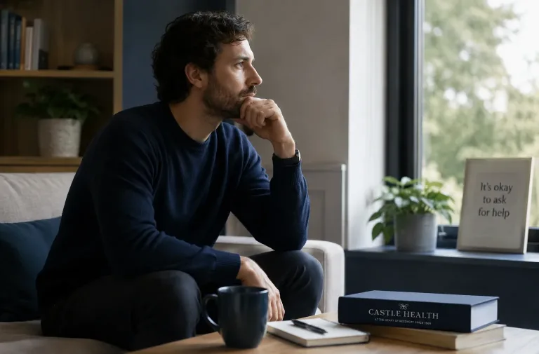 A man sits quietly by a window with a recovery book nearby, for a page about Therapy for mental health and dual diagnosis support.