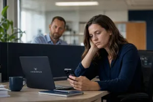 A woman staring at her phone as she suffers with addiction in the workplace, whilst her boss is looking disappointedly at her