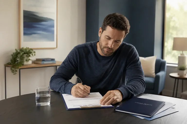 a man sitting at a table completing an addiction screening questionnaire