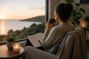 A woman reflects quietly with a notebook by the window, representing strategies for managing alcohol cravings and personal triggers.