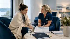 woman undergoing Benzodiazepine rehab in a blanket sitting next to a therapist looking at a sheet of paper