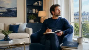 Man with implied bipolar disorder and addiction looking wistfully out of a window