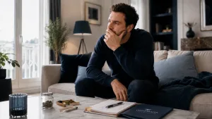 a man sitting on a sofa looking thoughtful contemplating his Cannabis addiction