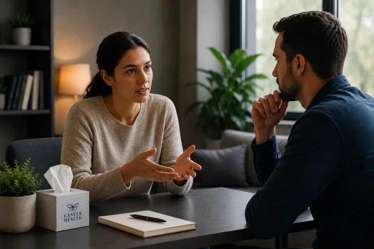 Therapist explaining medication-related risks during a consultation about benzodiazepine addiction.