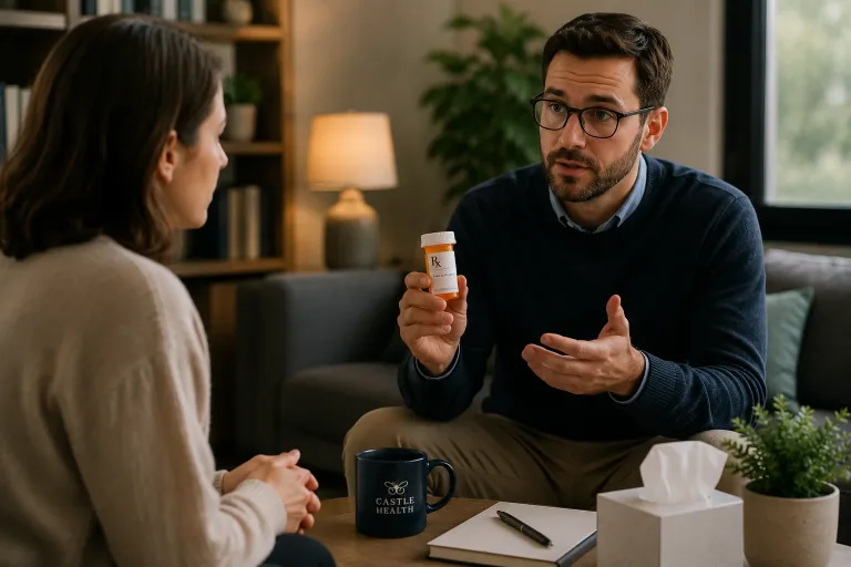 Therapist explaining prescription-related benzodiazepine addiction during a supportive consultation