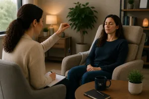 Therapist guiding a patient through EMDR therapy in a calm treatment room.