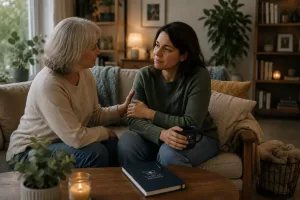 Two family members, probably mother and daughter, discussing how it feels to be an adult child of alcoholic parents