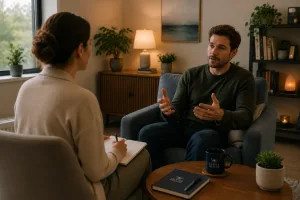 Therapist providing one to one therapy in a calm individual counselling session.