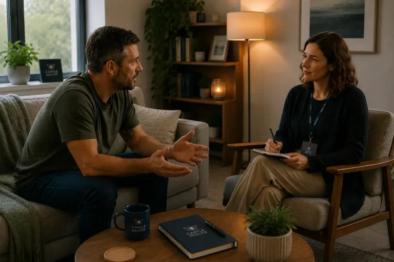 Therapist providing one to one therapy for addiction treatment during an individual counselling session.