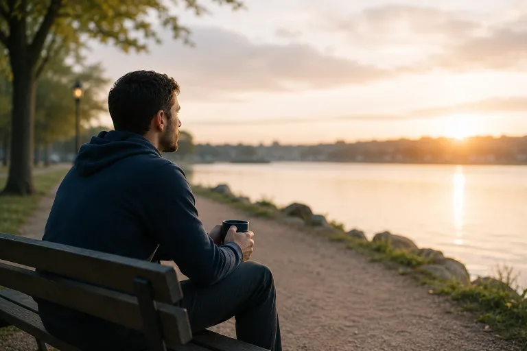 Person reflecting by a lake at sunrise, reflecting on the type of therapy for addiction recoevry.
