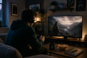 Person gaming at home beside a Castle Health mug for Gaming addiction treatment.