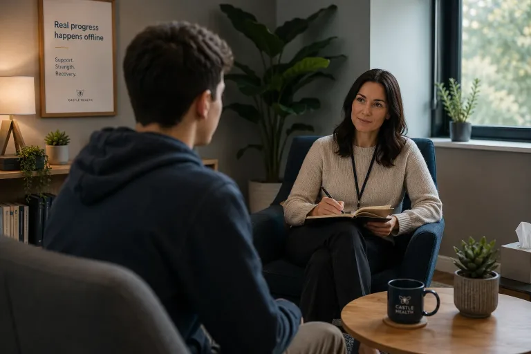 Therapist supporting a young person in treatment for gaming addiction.