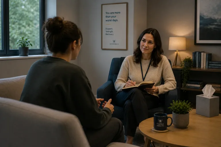 A therapist and a patient discussing treatment for borderline personality disorder in a theraoy room