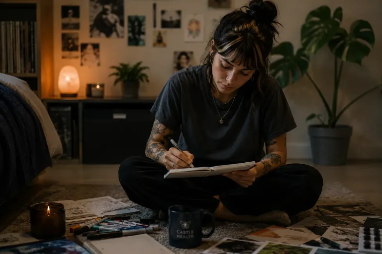 Young woman journaling creatively at home as part of support for borderline disorder.