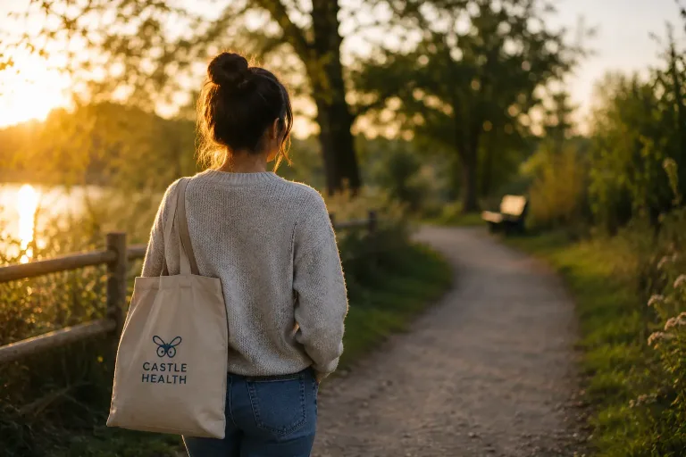 Woman walking in the park with a Castle Health totebag, symbolising recovery from alcohol addiction in women
