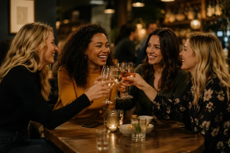 Women drinking together in a bar, reflecting social patterns linked to alcohol addiction in women.
