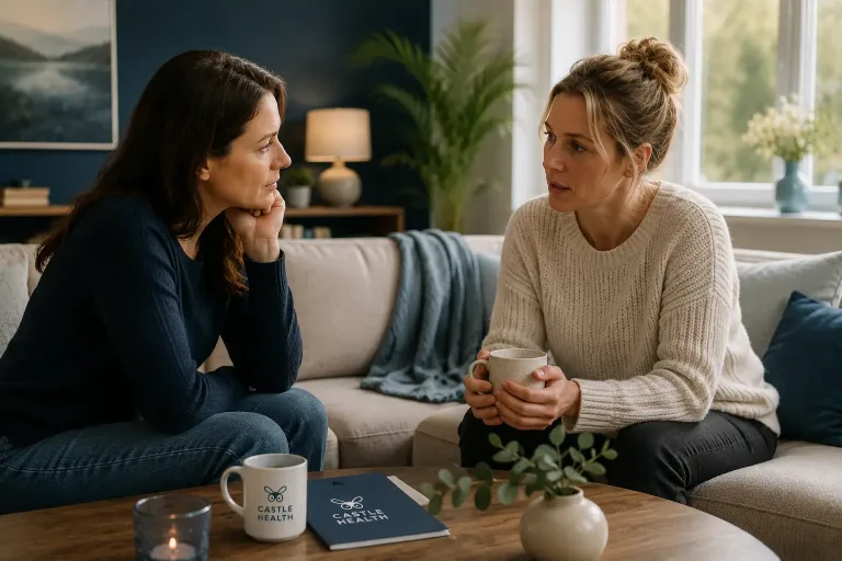 A therapist and a patient discussing the patient's addiction to legal drugs