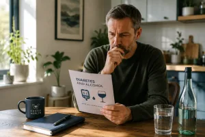 Man reading health information about diabetes and alcohol at a kitchen table.
