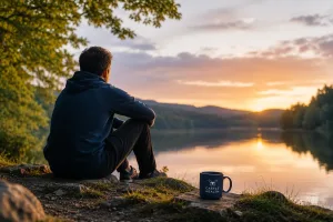 Man reflecting by a lake at sunset, representing relapse in addiction recovery.