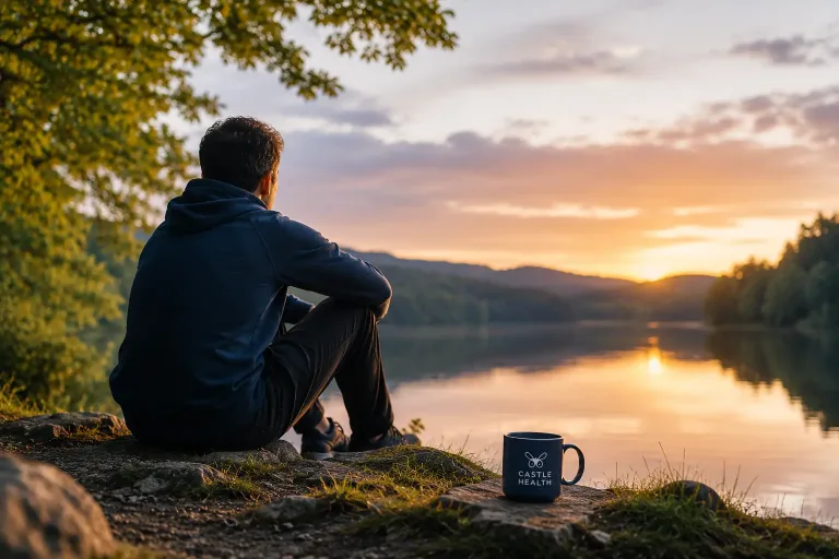 Man reflecting by a lake at sunset, representing relapse in addiction recovery.