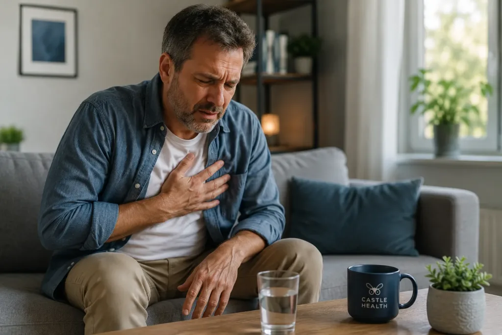 Man experiencing chest pain after drinking alcohol while sitting at home.