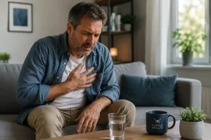 Man experiencing chest pain after drinking alcohol while sitting at home.