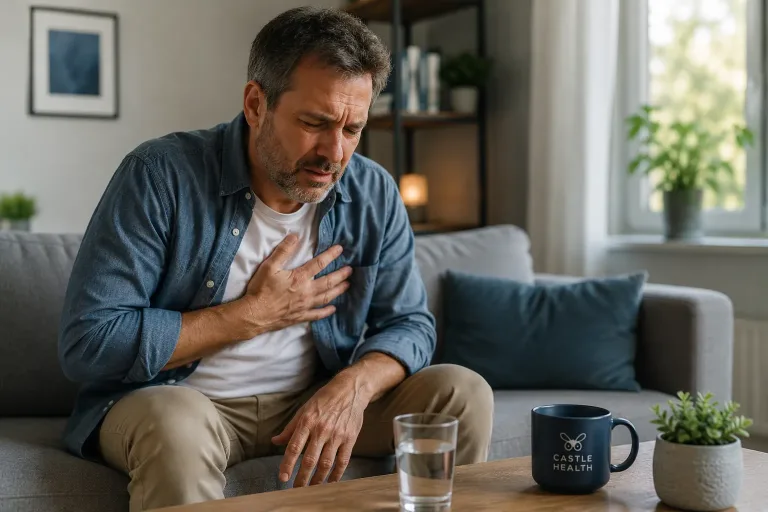 Man experiencing chest pain after drinking alcohol while sitting at home.
