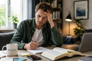 Young man managing ADHD and addiction while working through notes at home.