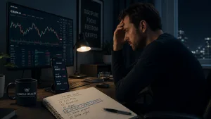 Man stressed about his crypto addiction. He has his arms on the desk and head in his hands whilst his screen shows his portfolio value decreasing