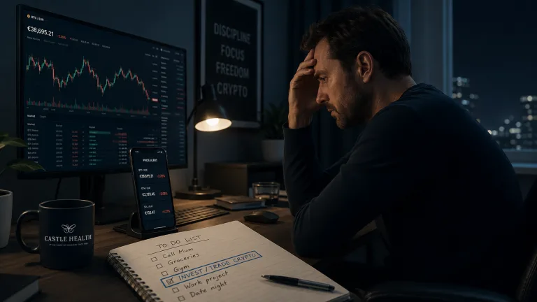 Man stressed about his crypto addiction. He has his arms on the desk and head in his hands whilst his screen shows his portfolio value decreasing