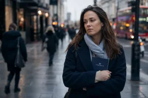 a woman standing in the street, deep in thought about her drug addiction