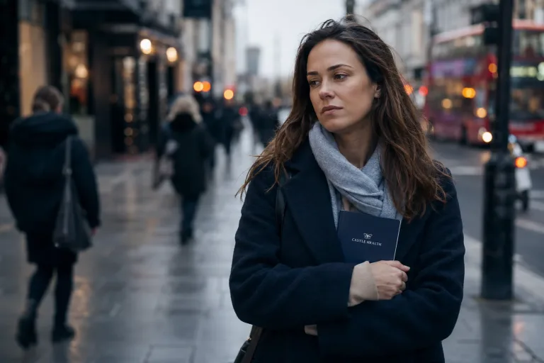 a woman standing in the street, deep in thought about her drug addiction