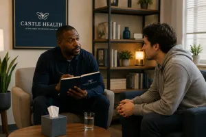 a castle health therapist delivering drug addiction treatment to his patient