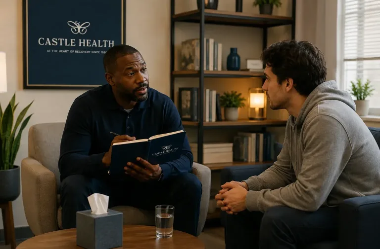 a castle health therapist delivering drug addiction treatment to his patient