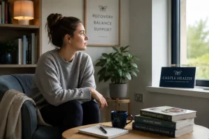 A woman sits quietly by a window with recovery materials nearby, seeking Eating disorder help in a calm and supportive setting.