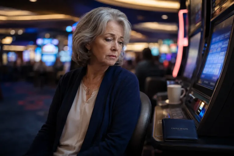a woman sitting at a slot machine questioning her gambling addiction