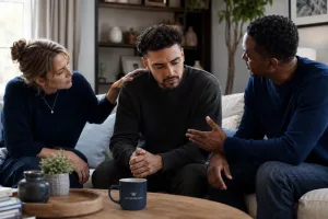 man and a woman conducting an intervention on their friend because of his substance addiction