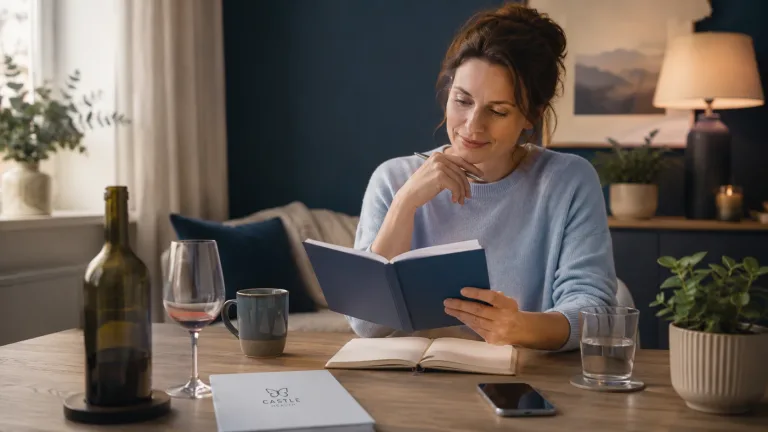 A woman reads quietly at a table with a notebook, water glass and wine glass nearby. she has been seeking help to stop drinking