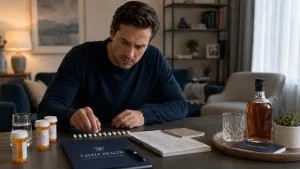 a man sitting at a table sorting out his medication contemplating whether he should seek ocd treatment alongside his addiction challenes